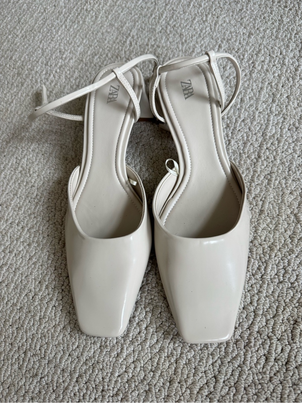 Zara Cream Square-Toe Slingback Heels with Ankle Strap